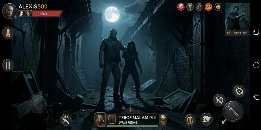 Tampilan gameplay ALEXIS500 yang menampilkan momen mencekam dalam suasana horor.