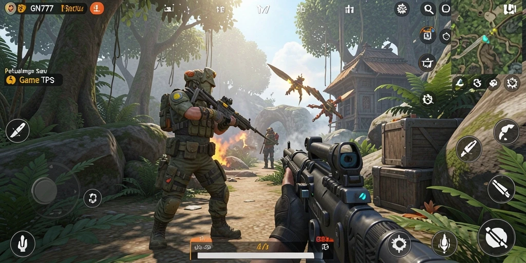 Tampilan gameplay seru dari GN777 menunjukkan pertempuran TPS yang mendebarkan.