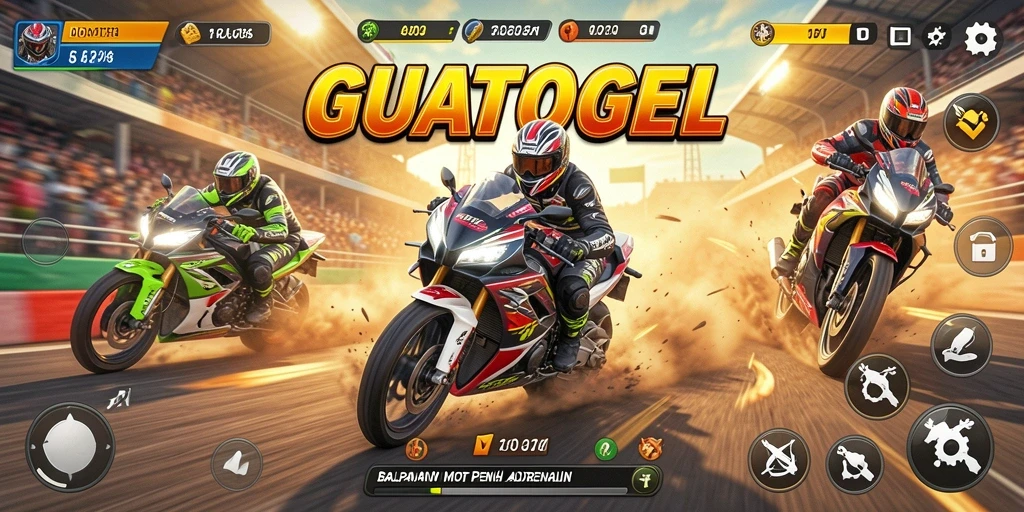 Screenshot gameplay GUATOGEL yang menampilkan balapan motor yang mendebarkan.