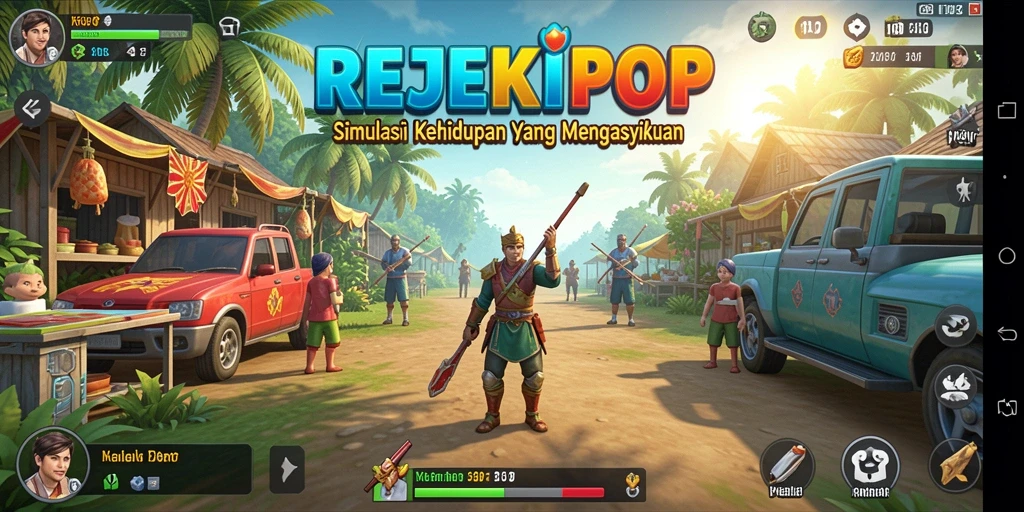 Tampilan gameplay seru dalam REJEKIPOP dengan karakter yang berinteraksi.